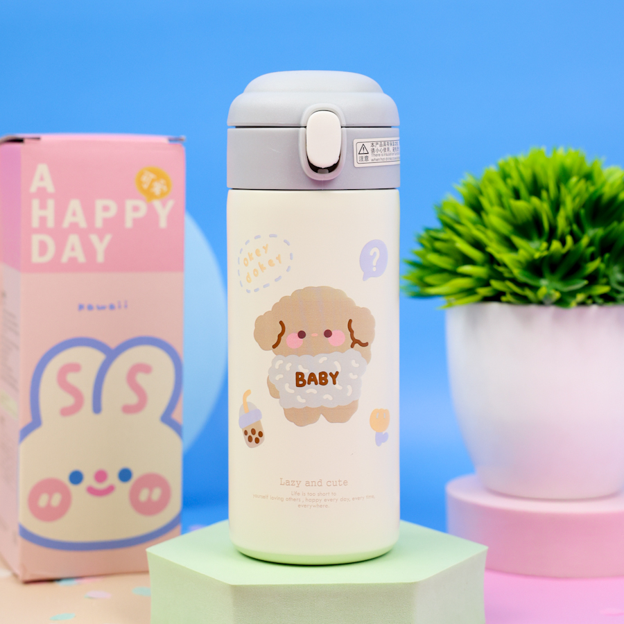 Термос "Lazy and Cute" с трубочкой, светло-серый, 380 мл.