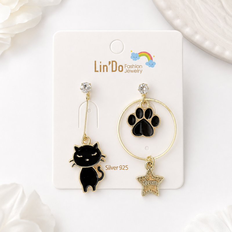 Серьги "Cat and paw" черный, 1шт