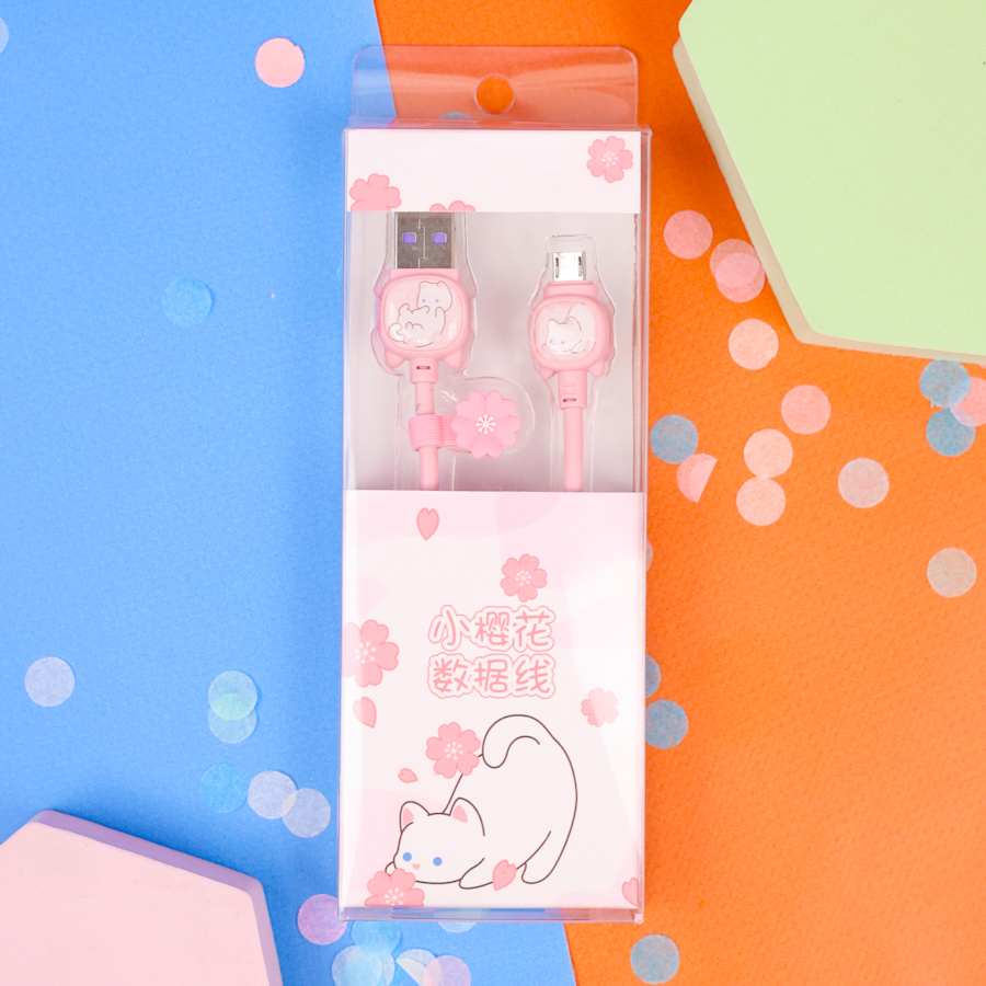 Кабель зарядка "Котик" розовый (USB micro)