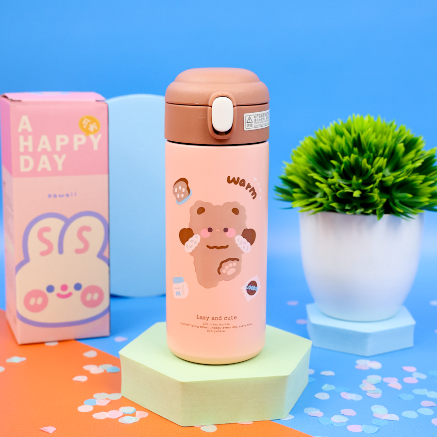 Термос "Lazy and Cute" с трубочкой, коричневый, 380 мл.