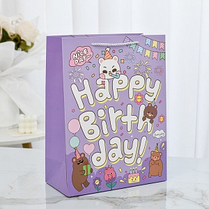 Подарочный пакет "Happy Birthday" фиолетовый 14х7х15,5см
