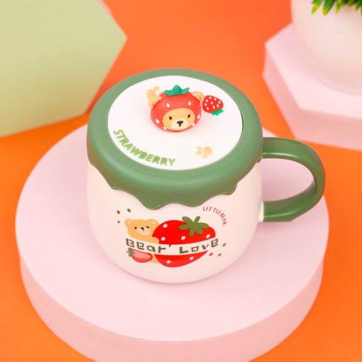Кружка "Медведь с клубникой" бело-зеленый, 400 мл оптом со склада!