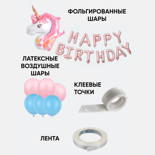 Набор шаров Единороги"Happy Birthday" персиковые буквы оптом