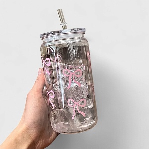 Стакан "Бантики" с трубочкой, розовый, 500мл оптом