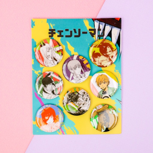 Набор круглых значков "Человек-бензопила" 32 мм (8шт)