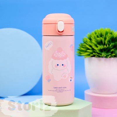 Термос "Lazy and Cute" с трубочкой, розовый, 380 мл. оптом