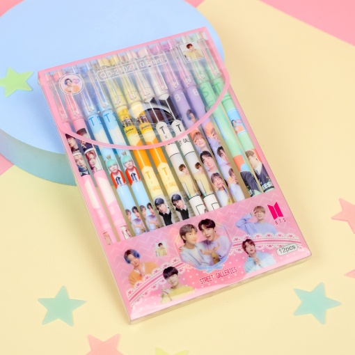 Набор ручек "K-pop" BTS №21027, 12 шт, со стирающими чернилами и стирашка (синий)
