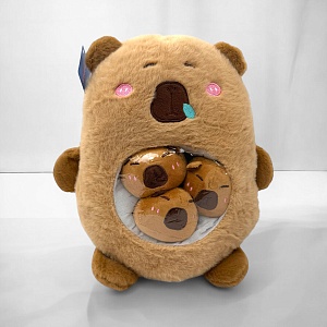 Мягкая игрушка "Мама капибара" 3 капибаренка, 30см