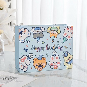 Подарочный пакет "Happy Birthday" Cute animals, голубой 24.5х9.5х19.5см