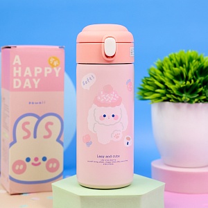 Термос "Lazy and Cute" с трубочкой, розовый, 380 мл. оптом