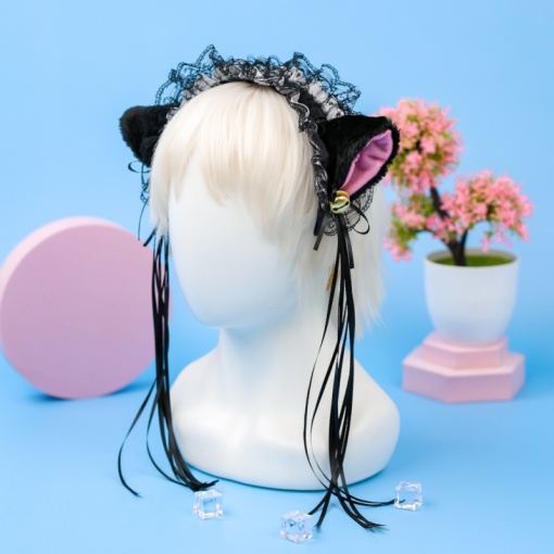 Ободок "Lolita Neko" черный с белой ленточкой
