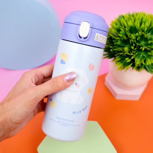 Термос "Lazy and Cute" с трубочкой, сине-фиолетовый, 380 мл. оптом