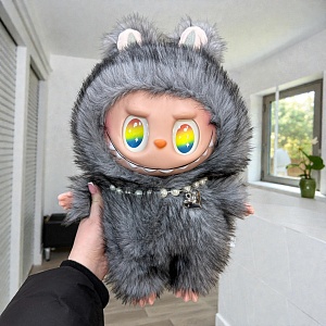 Мягкая игрушка "Labubu Zimomo" ожерелье, серый, 40см