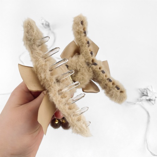 Заколка-крабик плюшевая "Бант" с цепочкой, коричневый