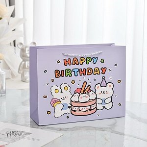 Подарочный пакет "Happy Birthday" bear and rabbit, фиол. 24.5х9.5х19.5см