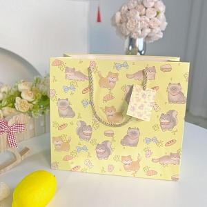 Подарочный пакет "Fluffy cats" желтый 18х10х16см