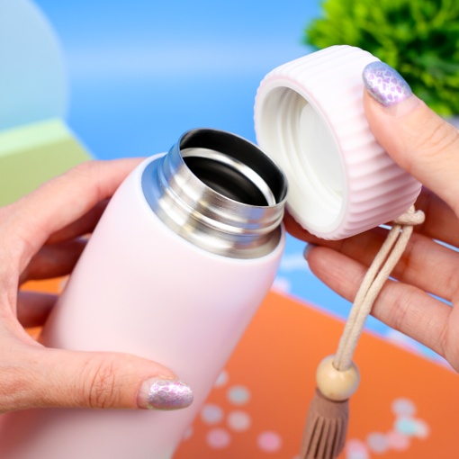 Термос "Think Different" с кисточкой, розовый, 400мл оптом