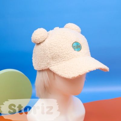 Бейсболка плюшевая "Cute" с ушками, бежевый (54-60см)