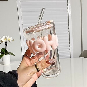 Стакан "Hohoho" с трубочкой, 450мл, светло-розовый оптом