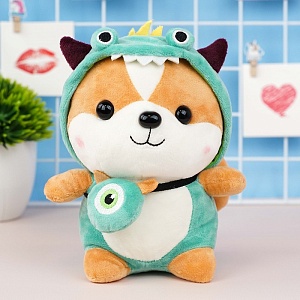 Мягкая игрушка "Корги в шапочке" зеленый, 25см