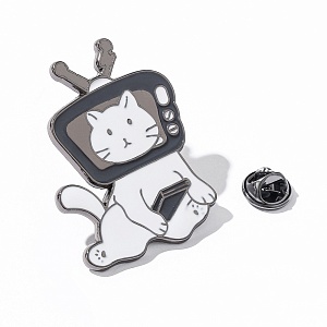 Значок-брошь "Котик в телевизоре" белый