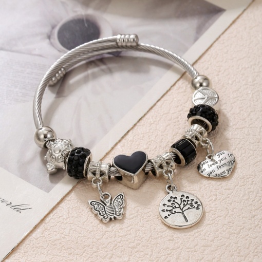 Браслет "Metal and Charms" дерево жизни и сердце, черный