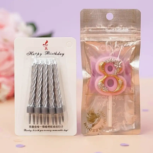 Комплект свечей цифра -8-(Patterned Pink) + 1 упаковка серебристые 10 шт. оптом