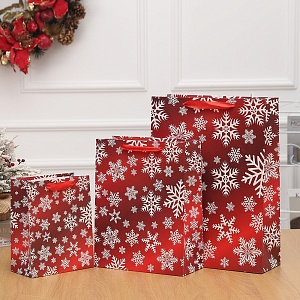 Подарочный пакет "НГ Снежинки" красный 18х10х23см