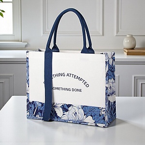 Сумка "Tote" холщовая, цветы, синий оптом со склада в Москве