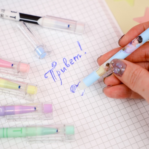 Набор ручек "K-pop" BTS №21027, 12 шт, со стирающими чернилами и стирашка (синий)