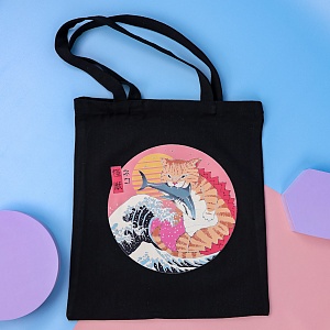 Сумка тканевая "Большая волна и кот", черный, 571-R оптом со склада в Москве