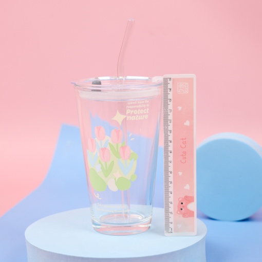 Стакан "Тюльпаны" с трубочкой, 400мл оптом