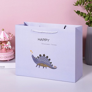 Подарочный пакет "Happy Dino family" голубой 24,5х19,5х9,5см