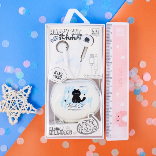 Наушники с чехлом "Cat" №452, белый (Type-C)