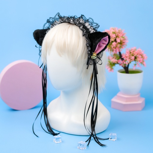 Ободок "Lolita Neko" черный с белой ленточкой