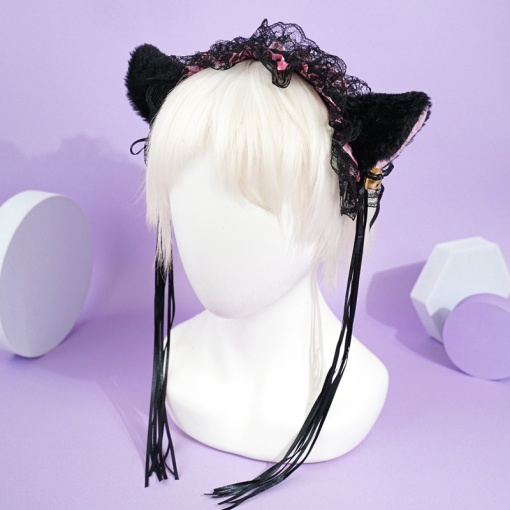 Ободок "Lolita Neko" черный с розовой ленточкой
