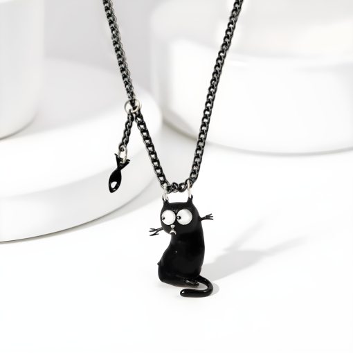 Кулон на цепочке "Кот и рыбка" черный