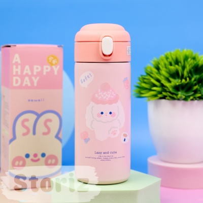 Термос "Lazy and Cute" с трубочкой, розовый, 380 мл. оптом