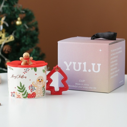 Кружка с крышкой "НГ Merry Christmas" 400мл, Пряник, бело-красный оптом со склада!