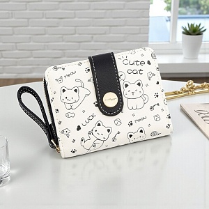 Мини-кошелек "Meow" cute cat, бежево-черный оптом со склада в Москве