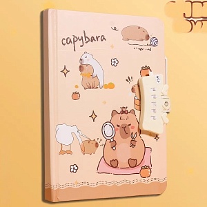 Блокнот с кодовым замком и ручкой "Капибара" с зеркальцем