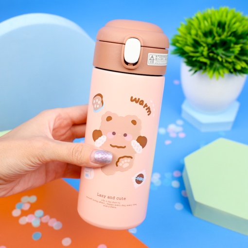 Термос "Lazy and Cute" с трубочкой, коричневый, 380 мл. оптом