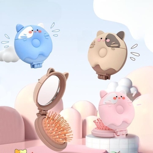 Расческа складная с зеркалом "Пончик" котик в ассортименте, 1 шт