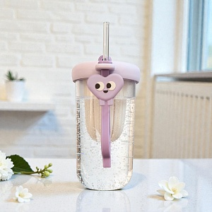 Стакан "Сердце с глазками"  светло-фиолетовый, с трубочкой 500мл оптом