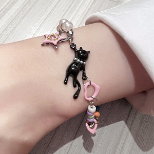 Браслет "Black Cat Pink Star" из бусин