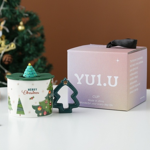 Кружка с крышкой "НГ Merry Christmas" 400мл, Елка, бело-зеленый оптом со склада!