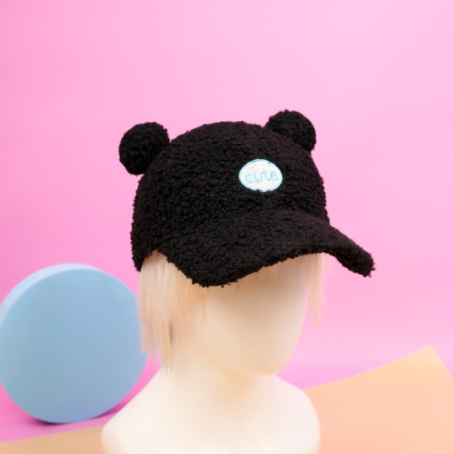 Бейсболка плюшевая "Cute" с ушками, черный (54-60см)