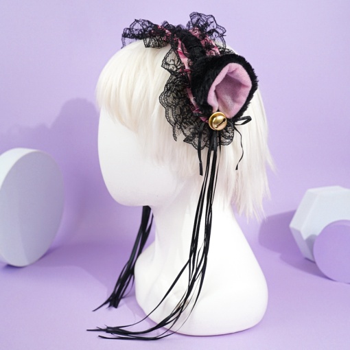 Ободок "Lolita Neko" черный с розовой ленточкой