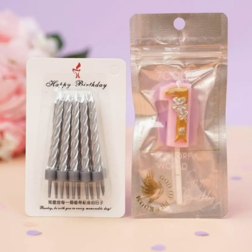 Комплект свечей цифра -1-(Patterned Pink) + 1 упаковка серебристые 10 шт. оптом