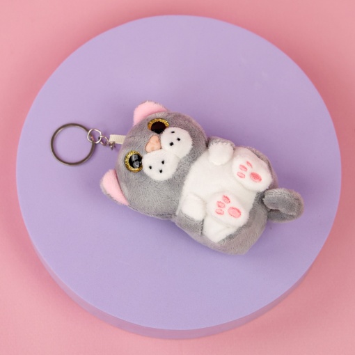 Брелок мягкий котик "Большие глазки" серый 12 см